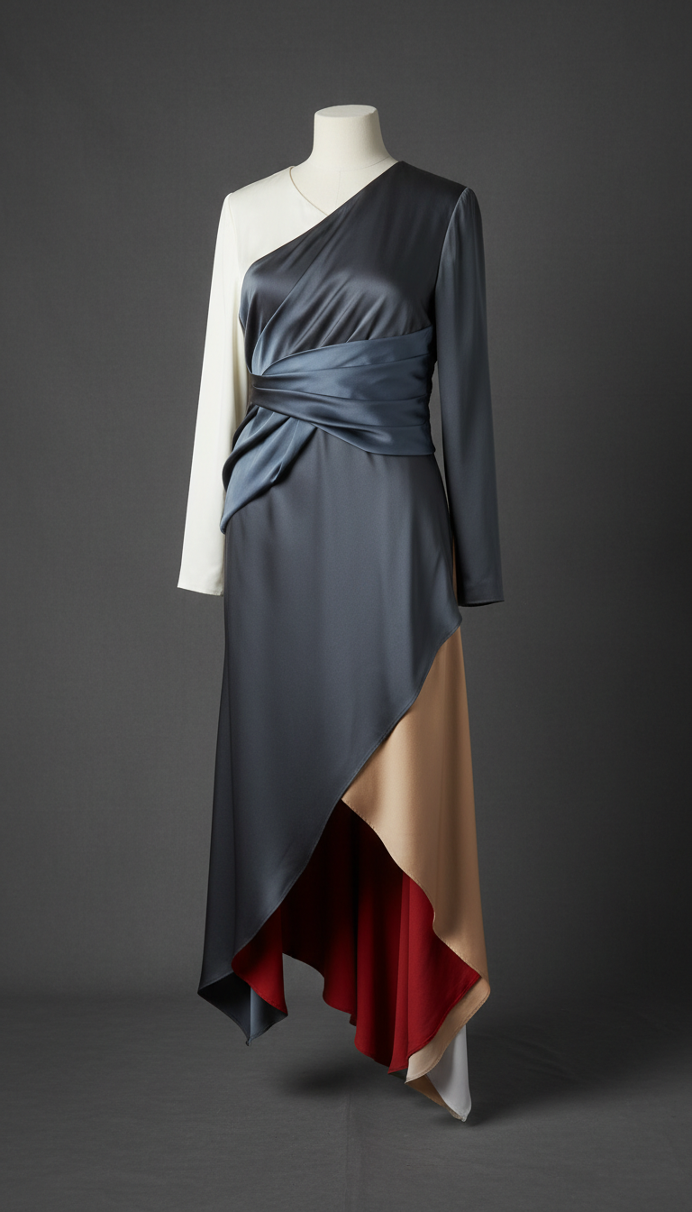 Silk asymmetrical dress with draped hem