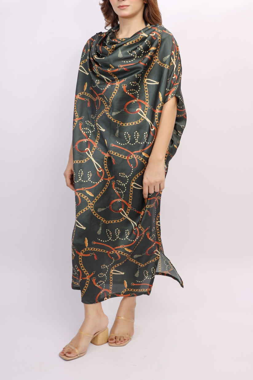 Woman wearing a patterned dress on a white background