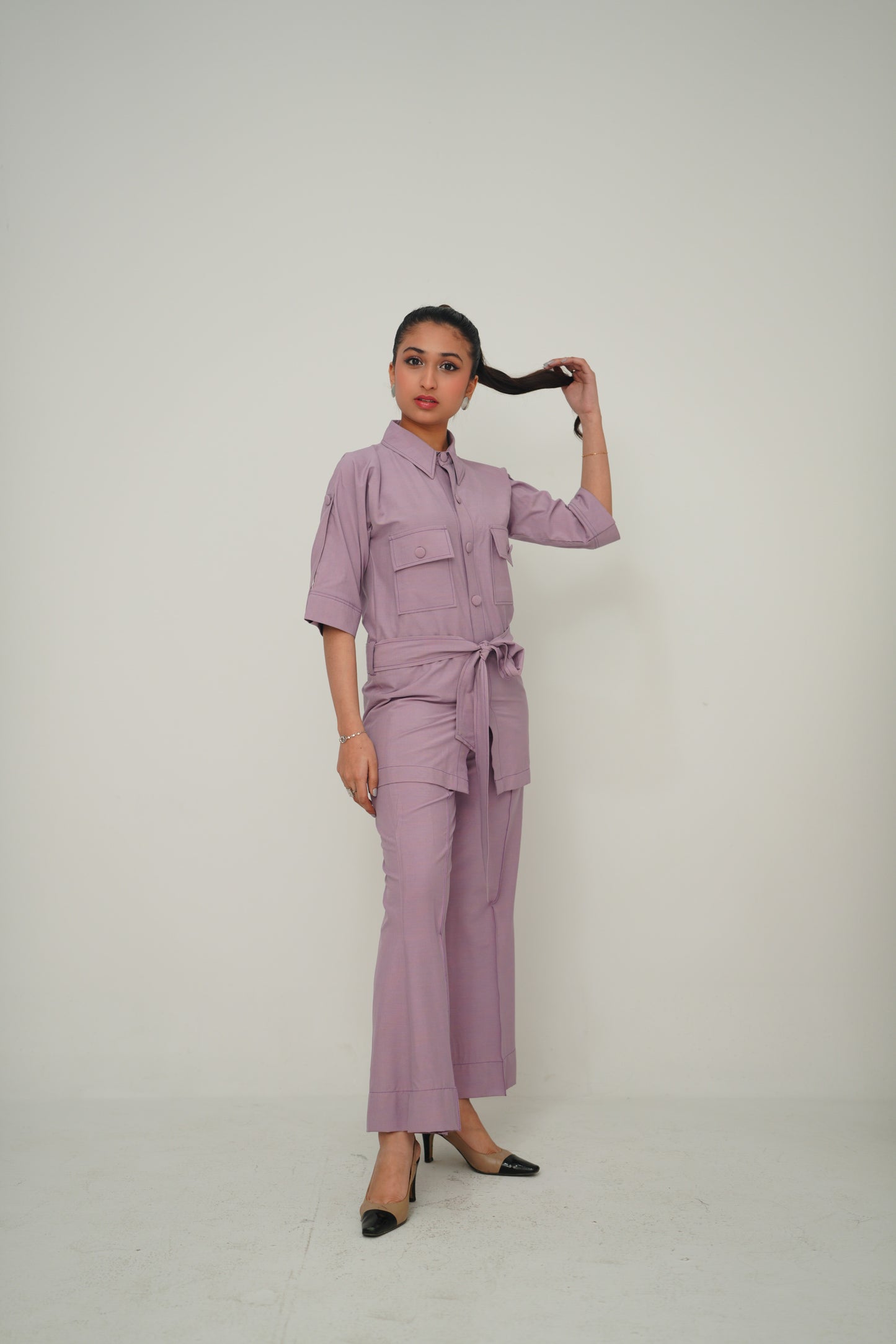 Button Down Belted Top Set