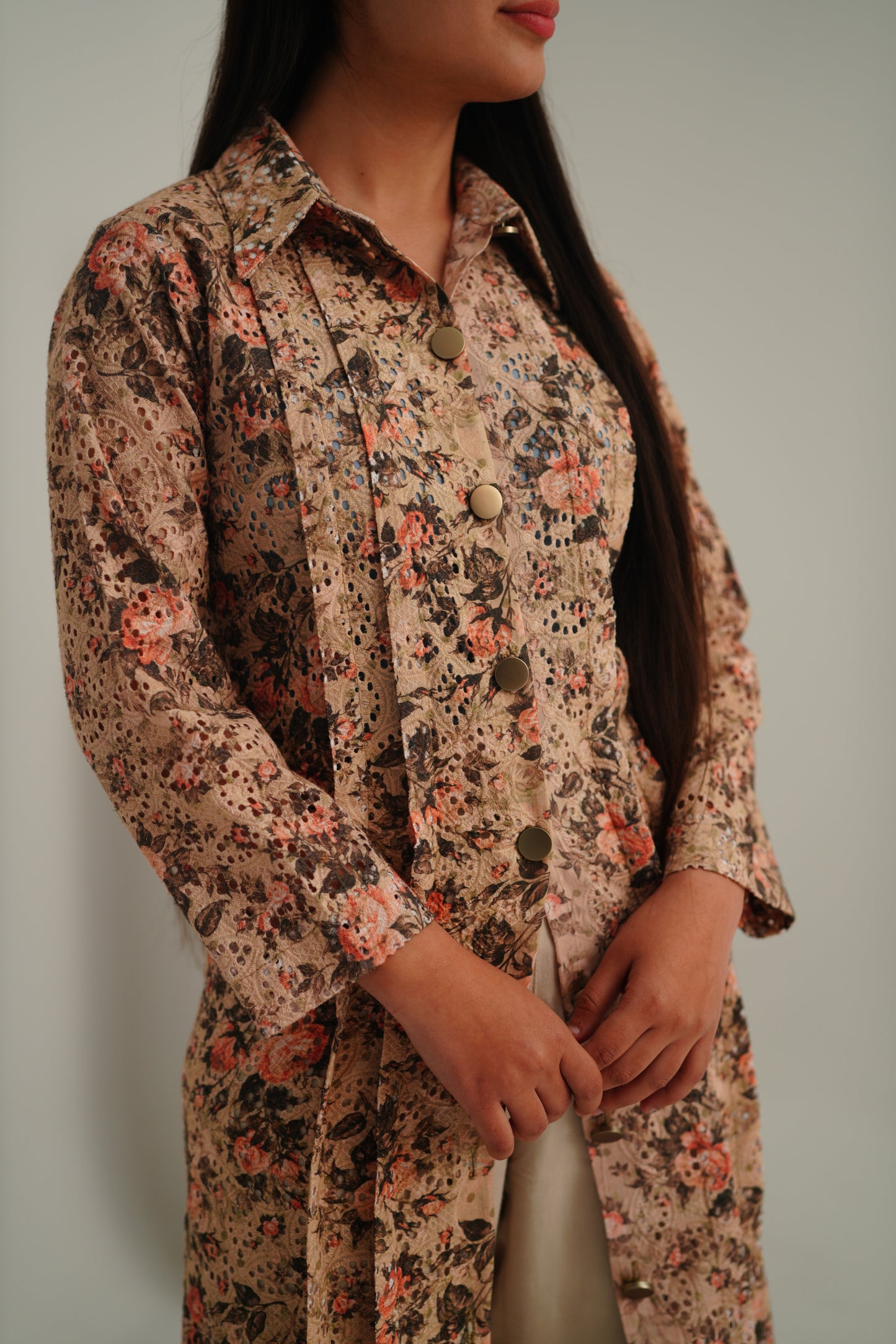 Pleated Schiffli Button Down