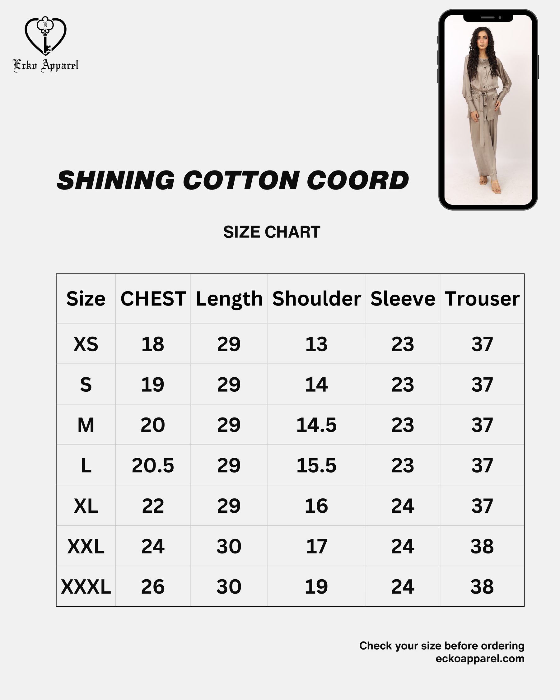 Shining Cotton Co-Ord size guide