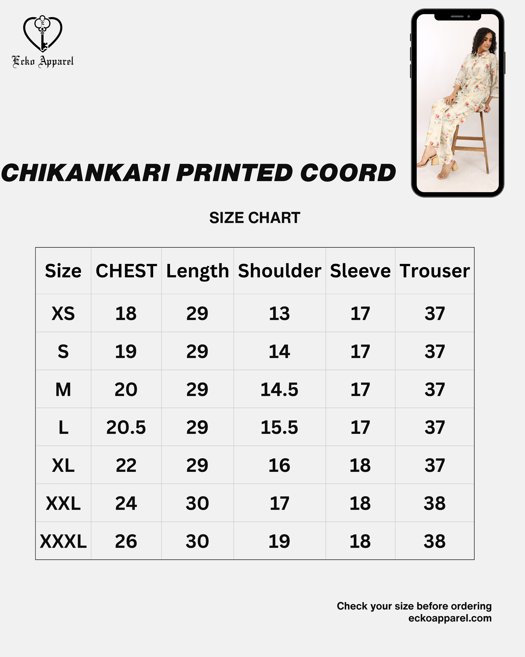 Embroidered Co-ord size guide