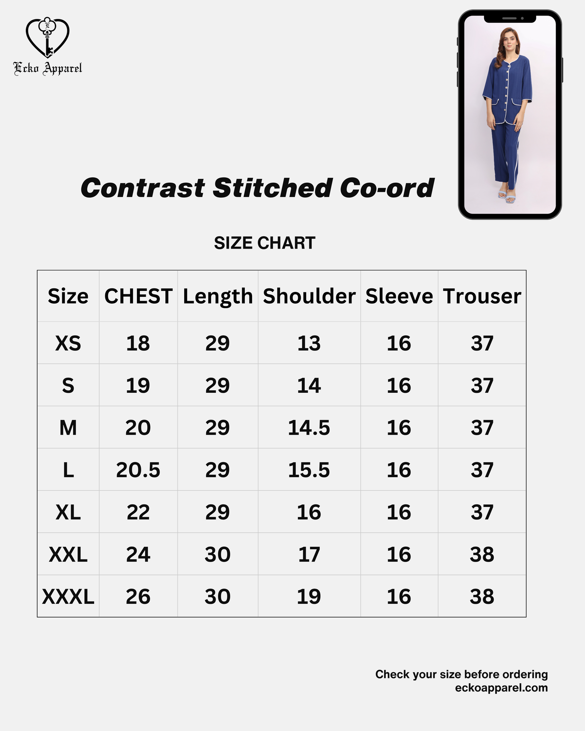 Contrast Stitched Co-ord size guide